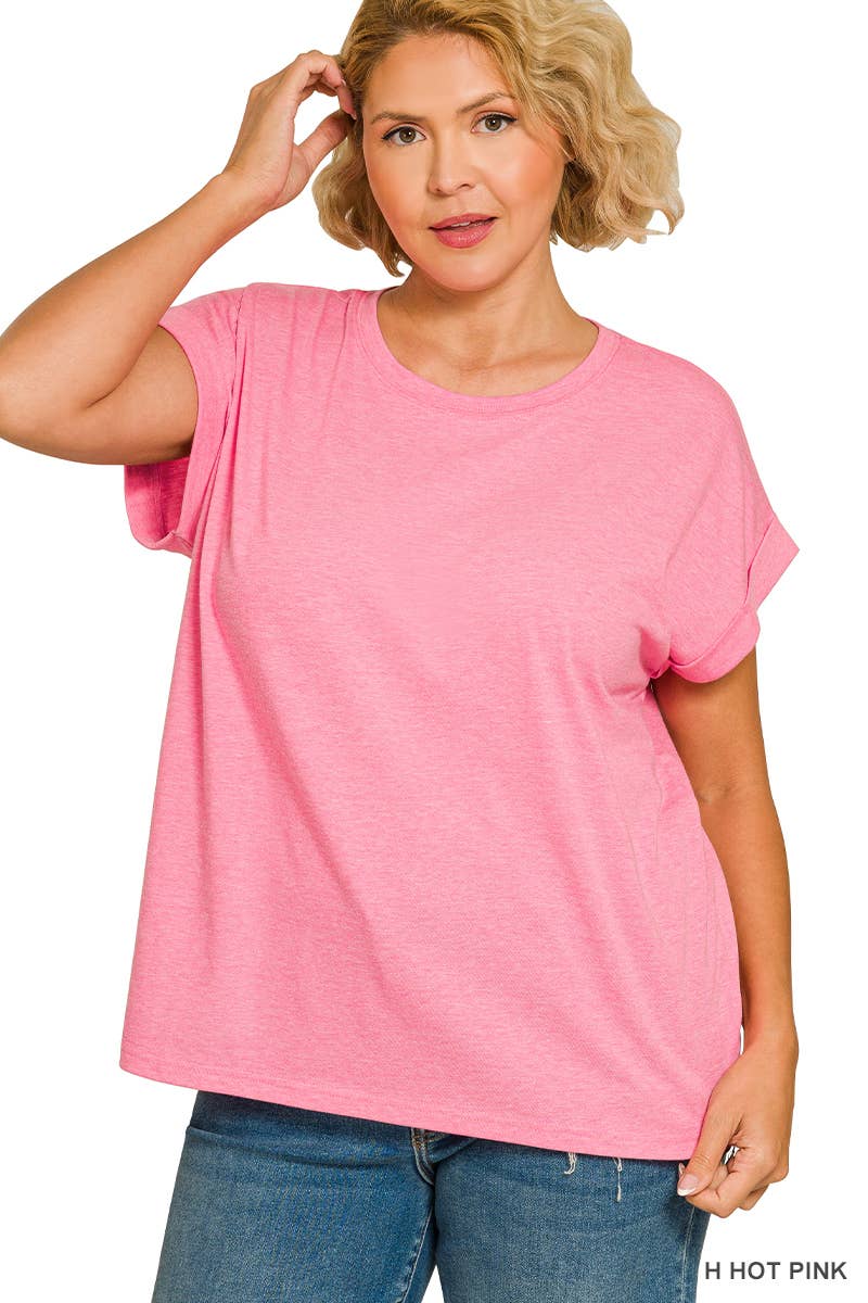 Plus Round Neck Folded Short Sleeve T Shirt - Zenana