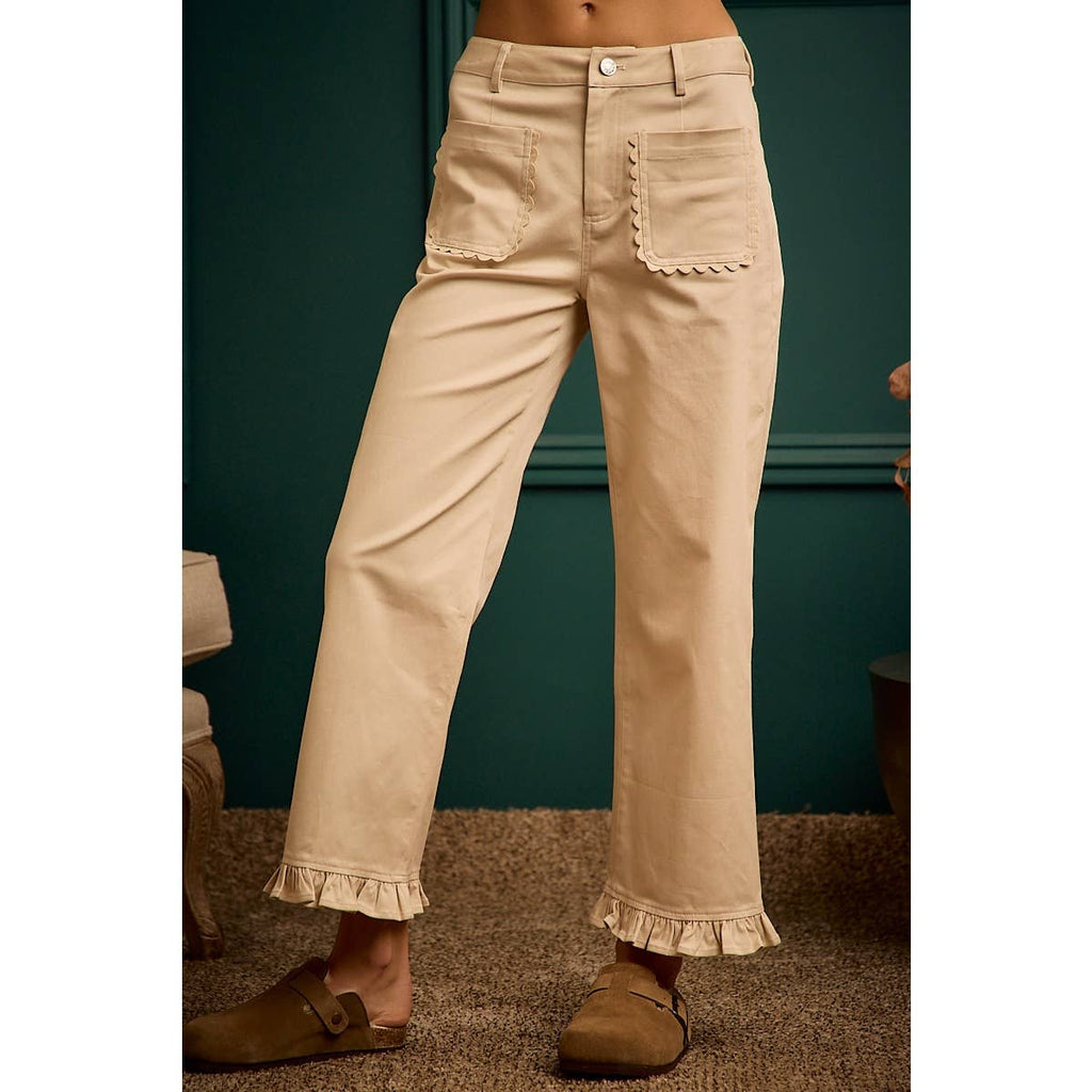 MID RISES CALLOP TRIM PATCH POCKET RUFFLED BOTTOM PANTS
