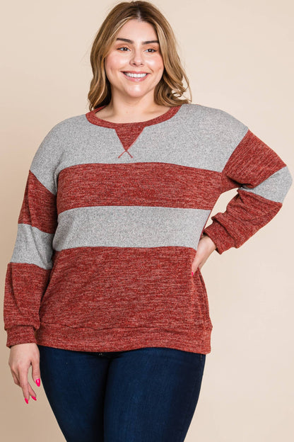 ETK-8626-PL Plus Size Color Block Casual Top