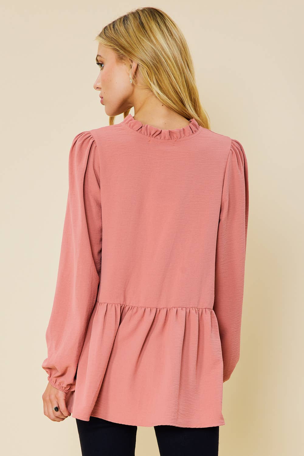 ST3073-A - SOLID LONG SLEEVE PEPLUM  TOP WITH RUFFLE COLLAR