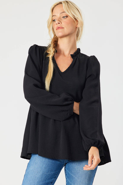 ST3073-A - SOLID LONG SLEEVE PEPLUM  TOP WITH RUFFLE COLLAR