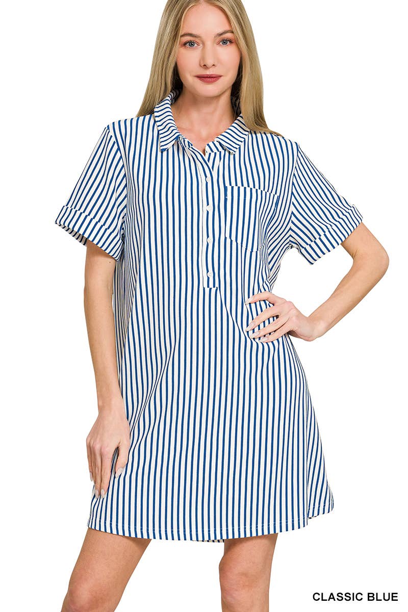 0210 Stripe Collared Half Button Up T-Shirt Dress SI-29476