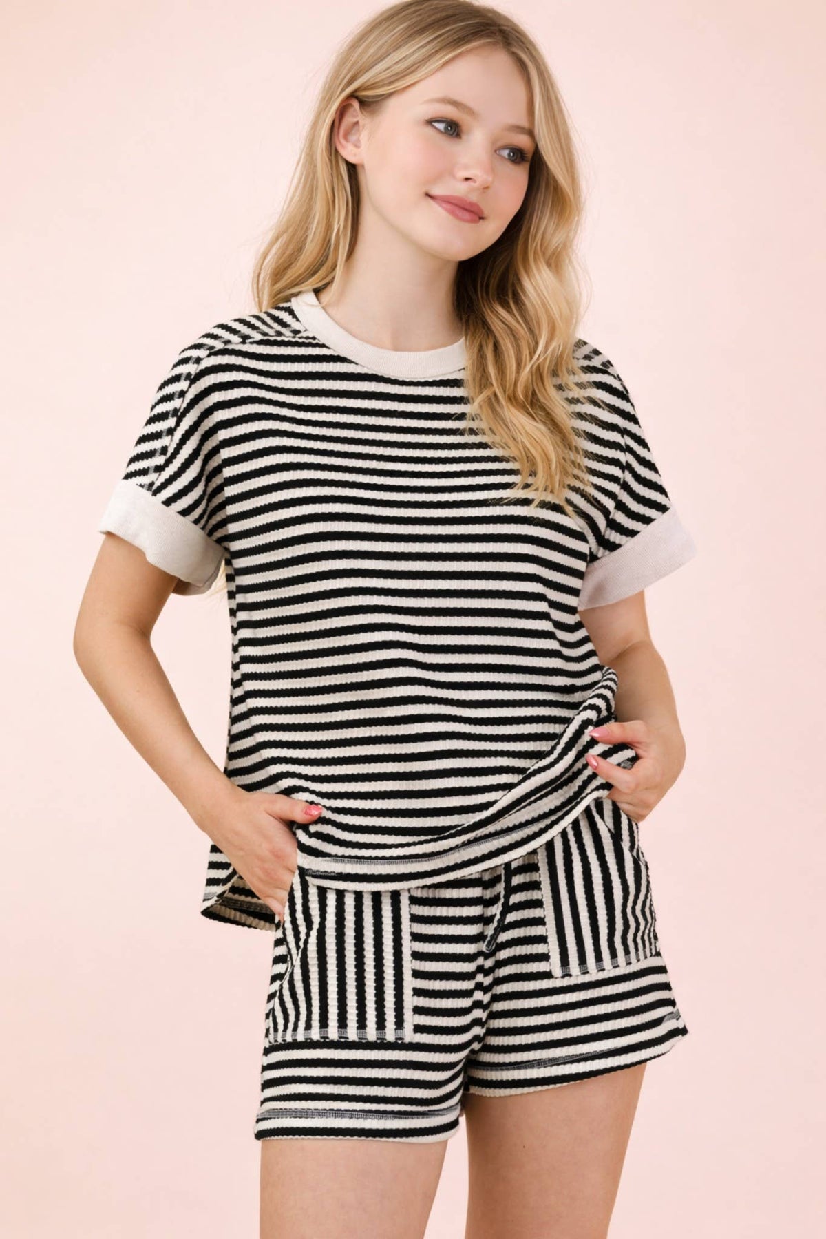 NT12480SET-Striped Comfy Knit Top & Shorts Set