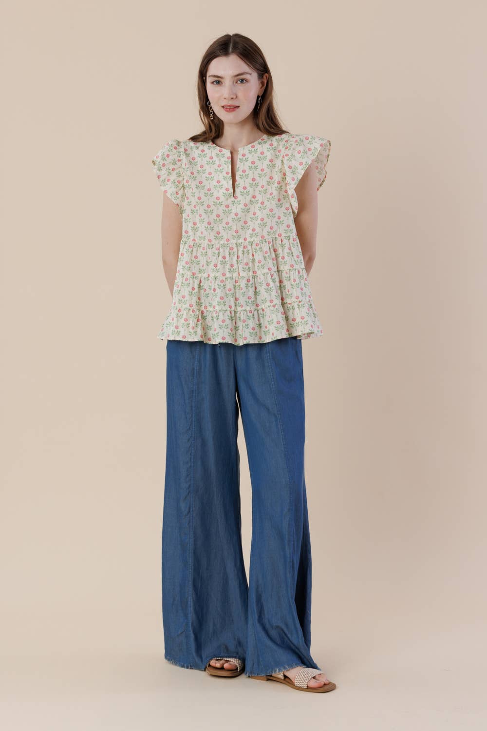 Floral Flutter Sleeve Tiered Blouse with Split Neck