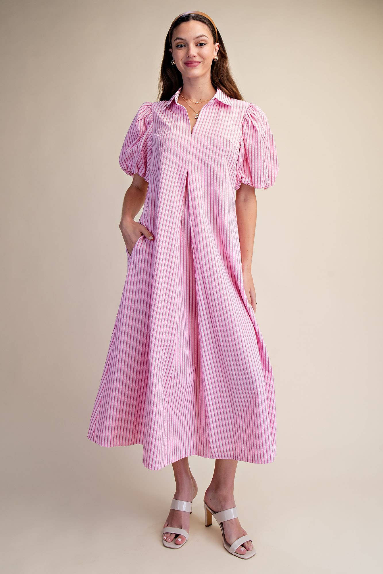 Collar V-Neck Puff Sleeve Stripe Pleated Midi Dress