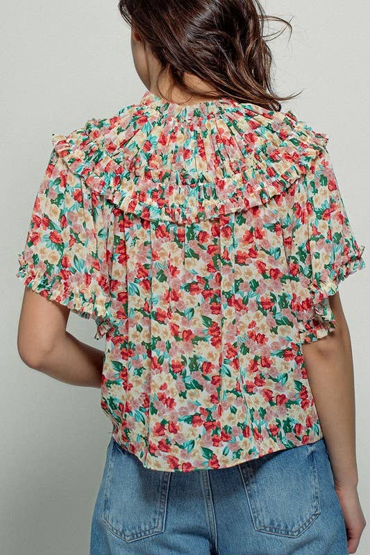 Aurora of Ruffle Short Sleeve Blouse: CORAL/GREEN / S-M-L(2-2-2)