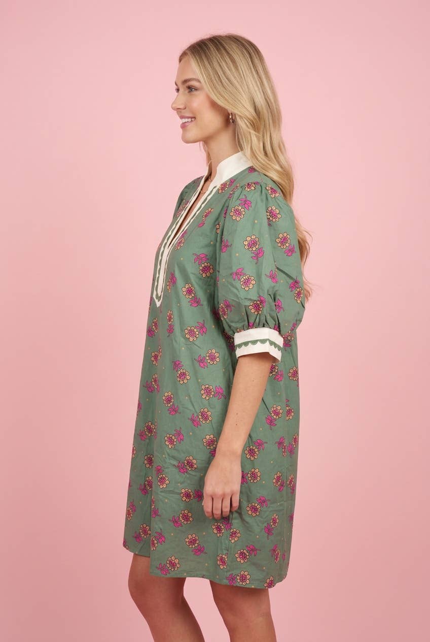 HD50243 Floral Puff Sleeve Split Neck Shift Mini Dress