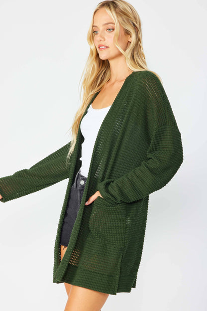 SJ1005-PLUS - WAFFLE KNIT OPEN FRONT CARDIGAN WITH POCKETS