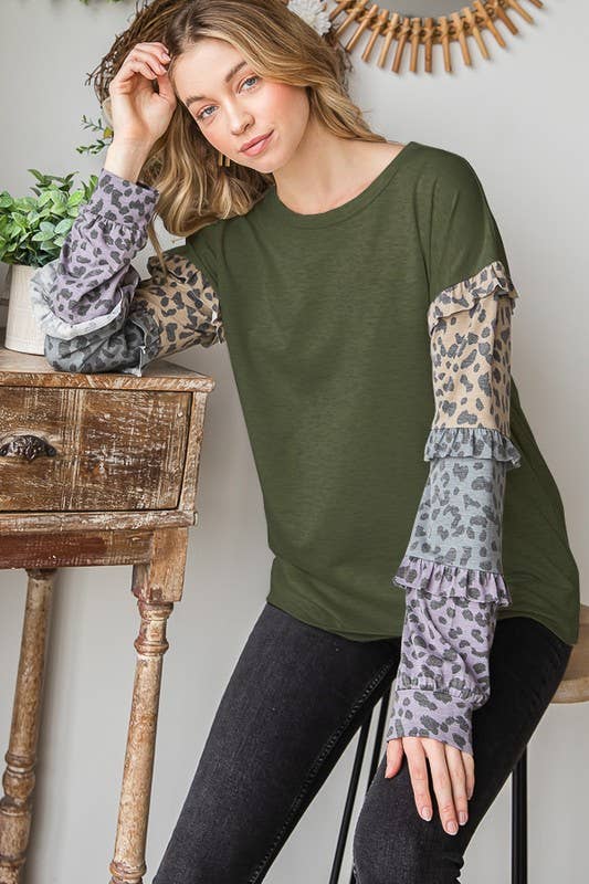 ET6877-10  SOLID COLOR BLOCK AND ANIMAL TOP WITH RUFFLED: OATMEAL / 2-2-2 (S-M-L)