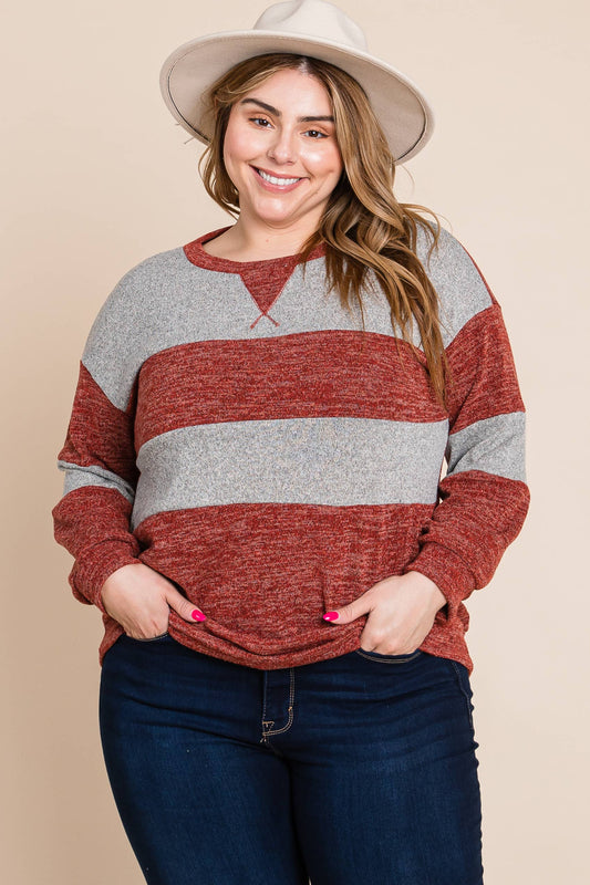 ETK-8626-PL Plus Size Color Block Casual Top