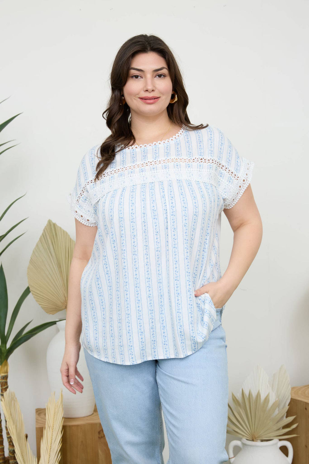 PLUS STRIPE FLORAL BATWING SHORT SLEEVE TOP