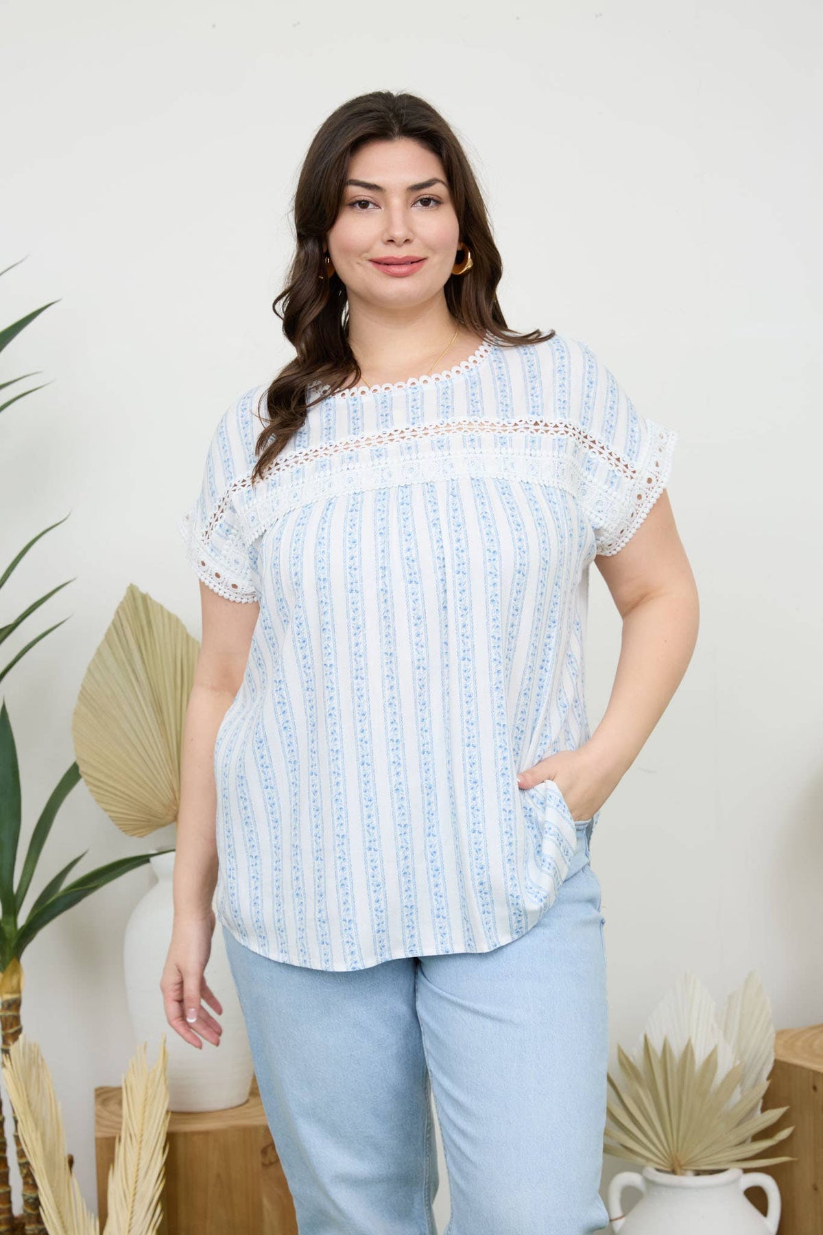 PLUS STRIPE FLORAL BATWING SHORT SLEEVE TOP