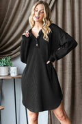 ED6851-10 LONG PUFF SLEEVE SOLID URBAN RIBBED MINI DRESS: Black / 2-2-2 (1X-2X-3X)