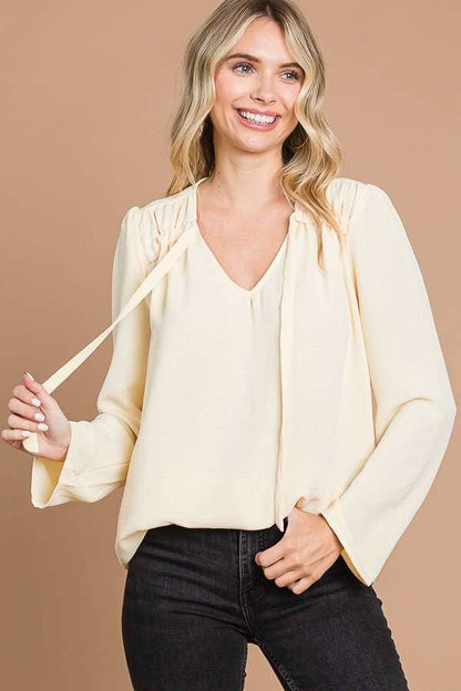 CWT1862L - RUCHING YOKE DETAIL BELL SLEEVE TOP
