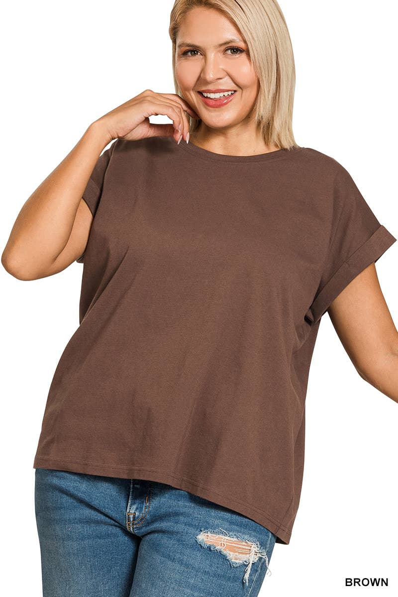 Plus Round Neck Folded Short Sleeve T Shirt - Zenana