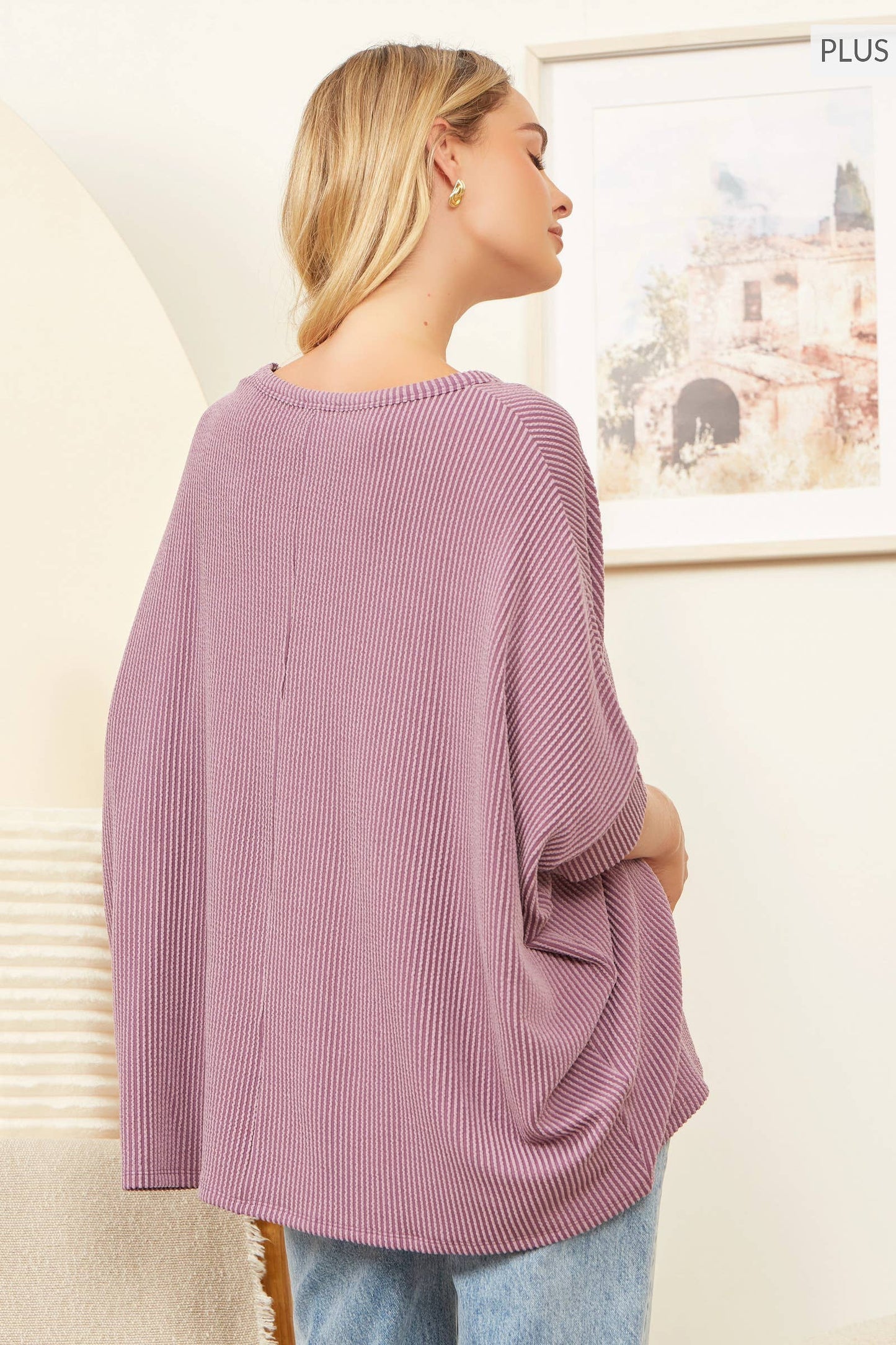 PLUS SIZE Round Neck Poncho Solid Top: Mulberry / 2X /3X
