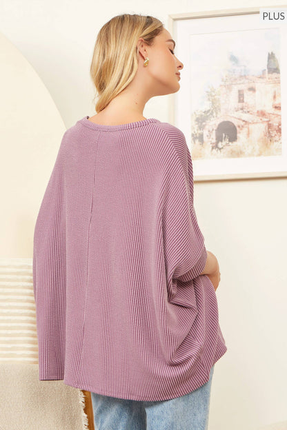 PLUS SIZE Round Neck Poncho Solid Top: Mulberry / 2X /3X