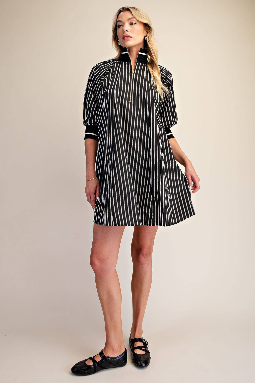 Mock Neck Band Half Zip Stripe Mini Dress