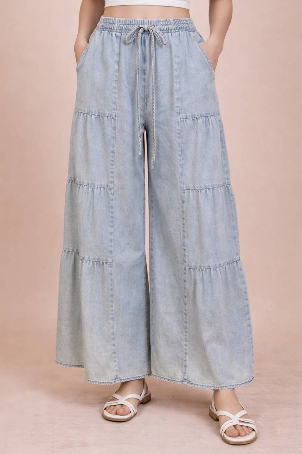 NP70989-Tiered Layers Mineral Washed Chambray Pants