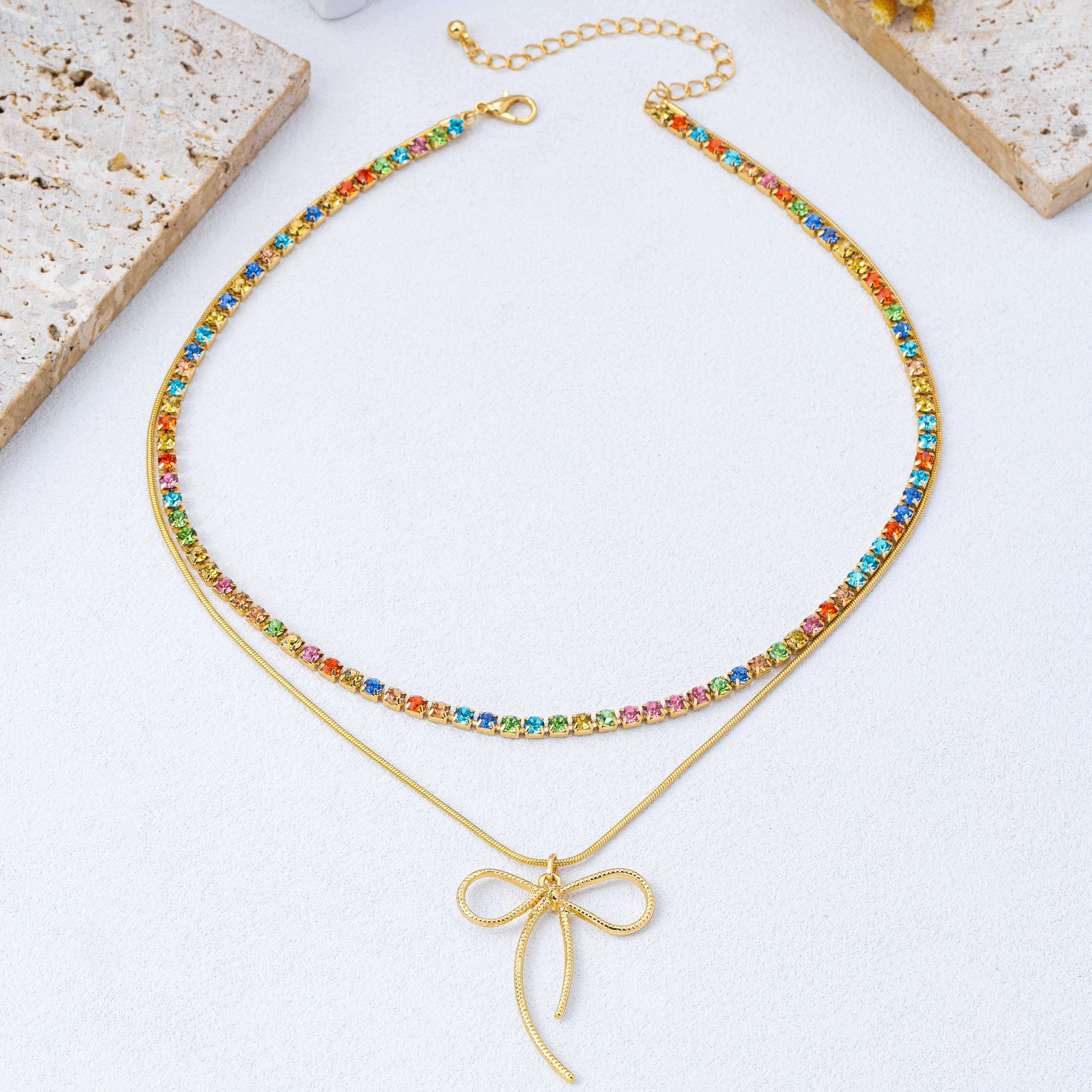 Rainbow Gemstone Bow Layered Necklace | 80N93283