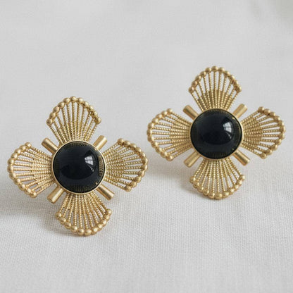 Gold Plated Vintage Black Flower Stud Earrings