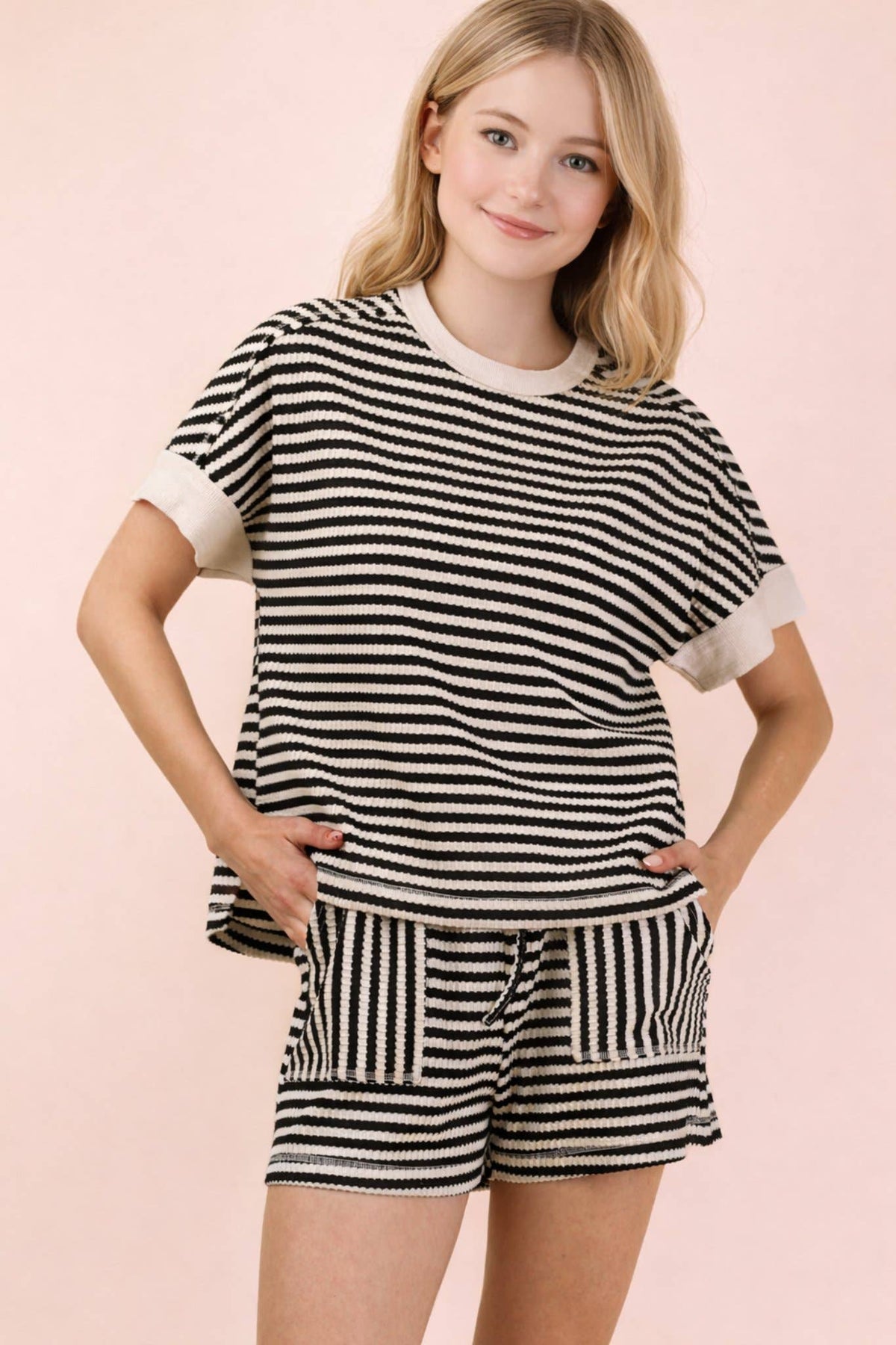 NT12480SET-Striped Comfy Knit Top & Shorts Set