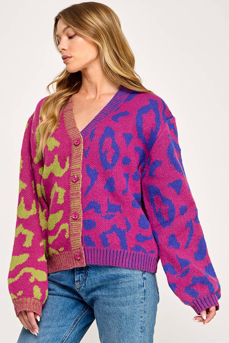 IJ1101 - LEOPARD COLOR BLOCK BUTTON DOWN SWEATER CARDIGAN