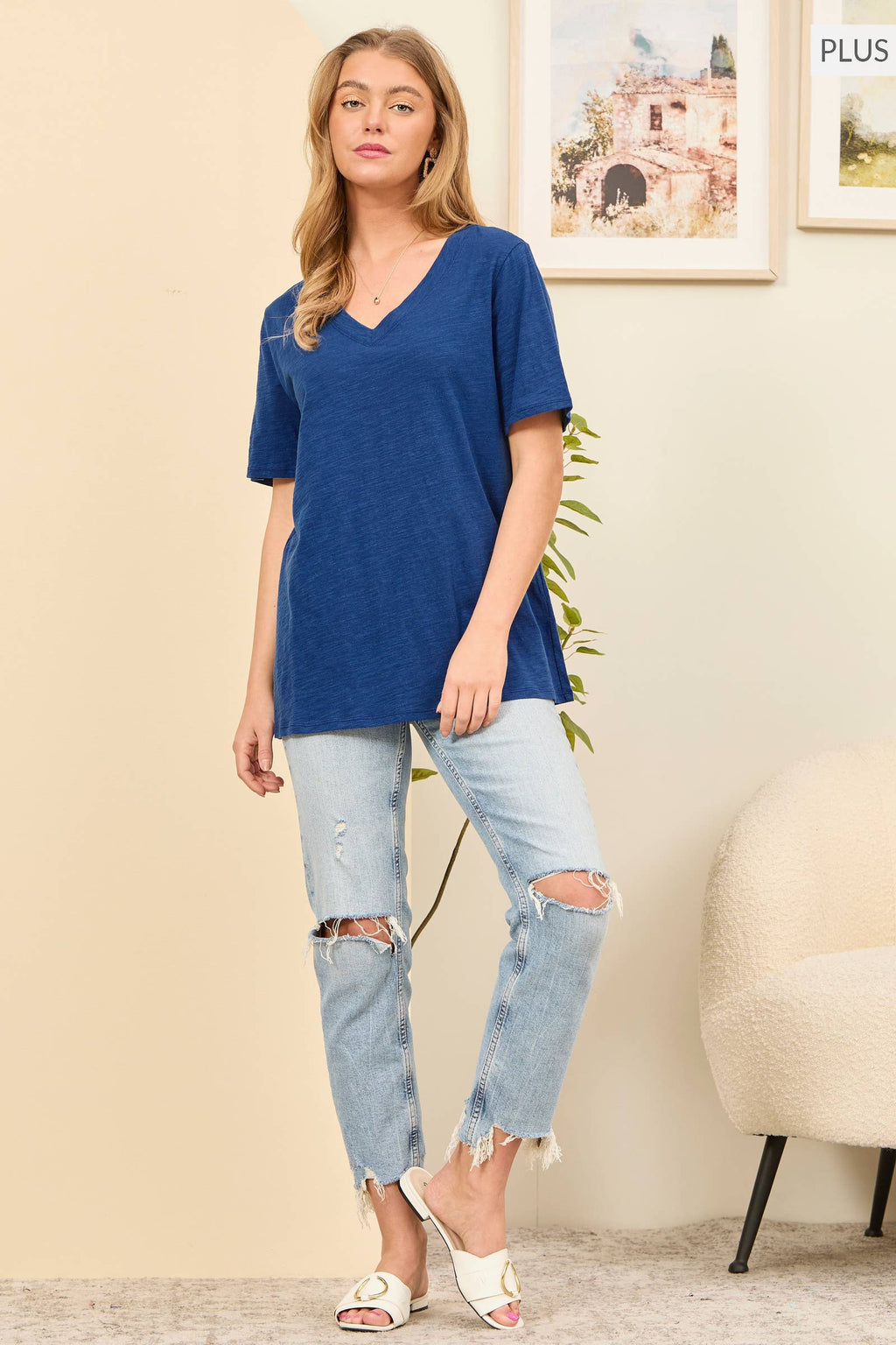 PLUS SIZE Casual Basic Cotton V Neck Short Sleeve: BLACK / 2X
