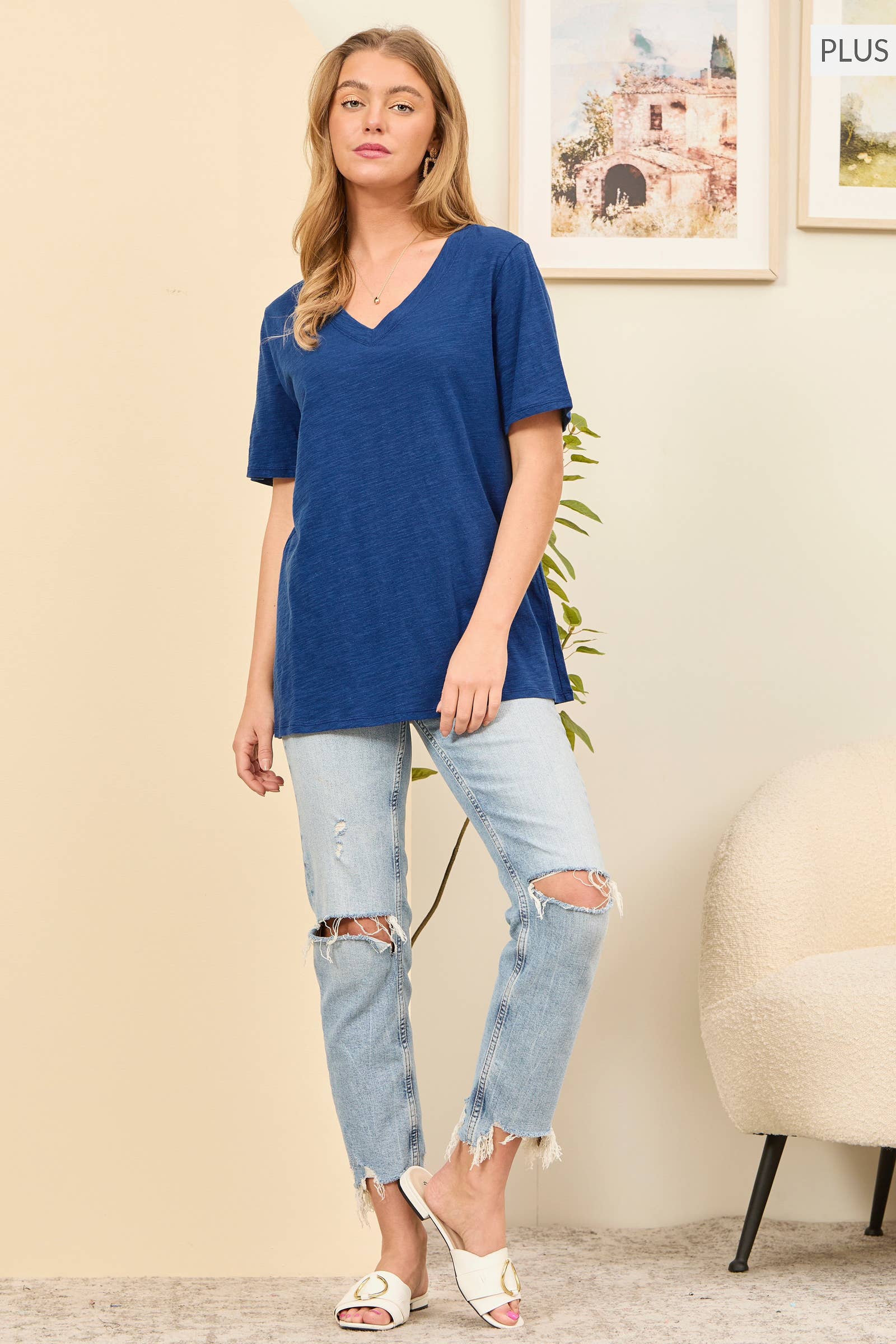 PLUS SIZE Casual Basic Cotton V Neck Short Sleeve: BLACK / 2X
