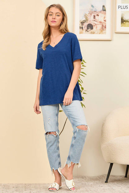 PLUS SIZE Casual Basic Cotton V Neck Short Sleeve: BLACK / 2X