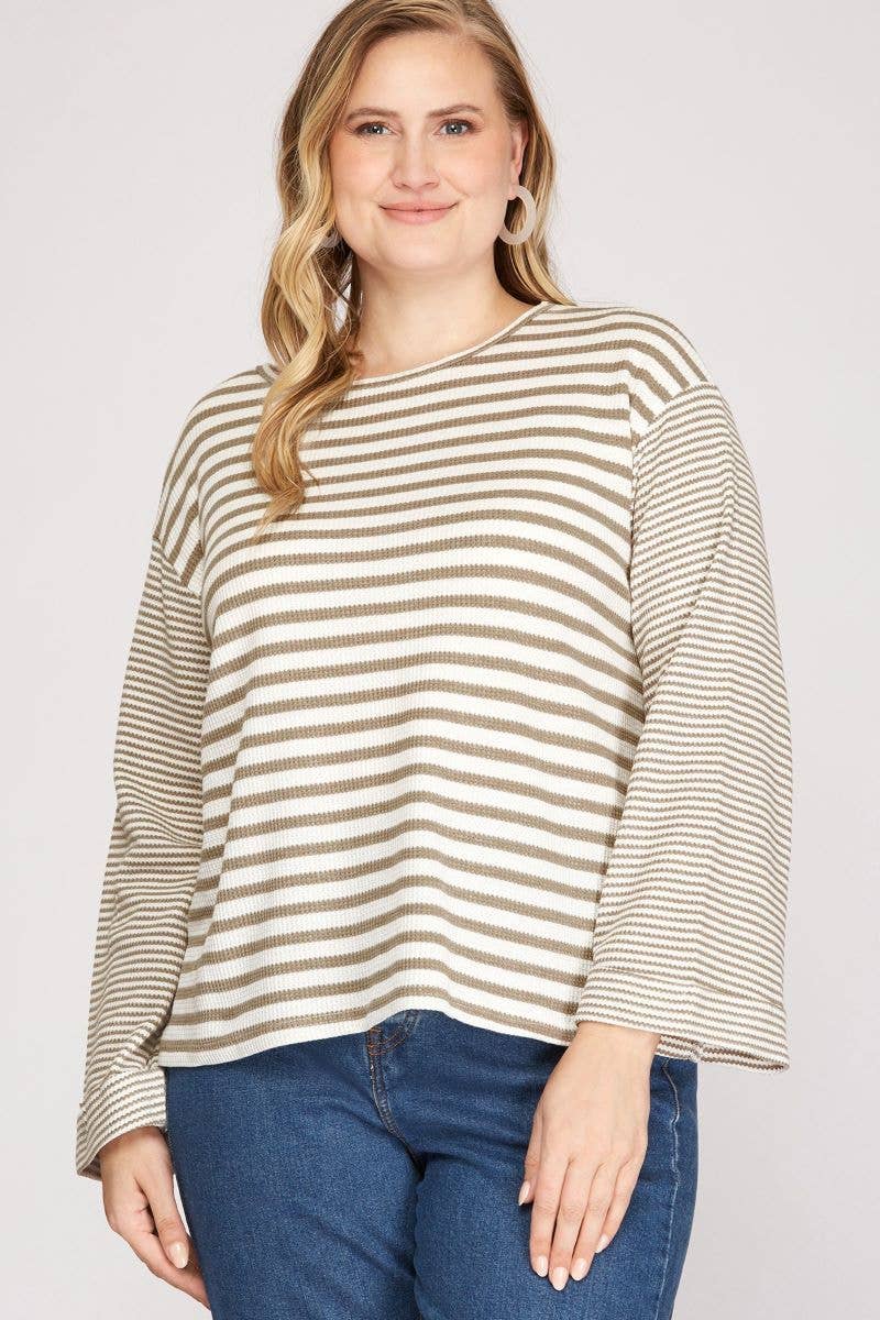 MOCHA STRIPE LONG WIDE SLEEVES PLUS SIZE KNIT TOP S10PSY341