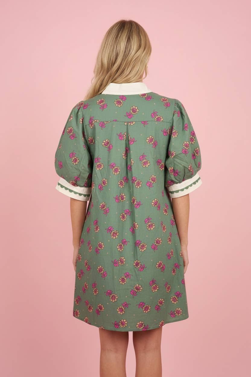 HD50243 Floral Puff Sleeve Split Neck Shift Mini Dress