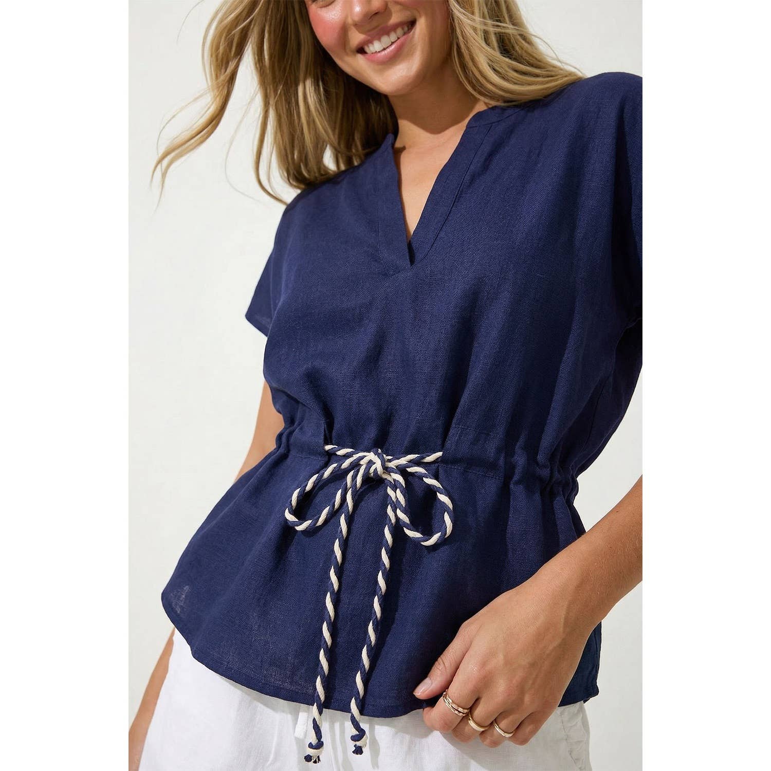 Linen Rope Tie Waist Blouse