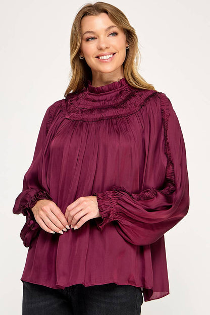 IT3477 - RUFFLED LONG SLEEVES SATIN TOP