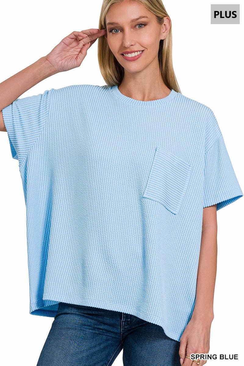 0107 Plus Raised Rib Short Sleeve Front Pocket Top SI-28942