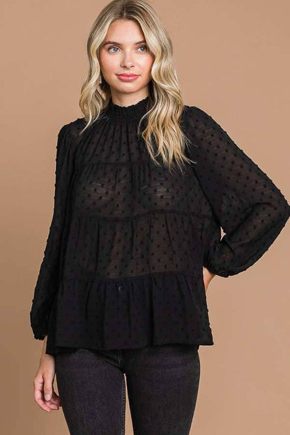 CWT1887Q - SMOCK NECK TIERED 3/4 SLEEVE TOP