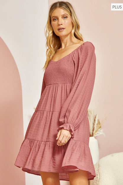 PLUS SIZE Tiered Fit and Flare Mini Dress P94770: MAUVE / 2X