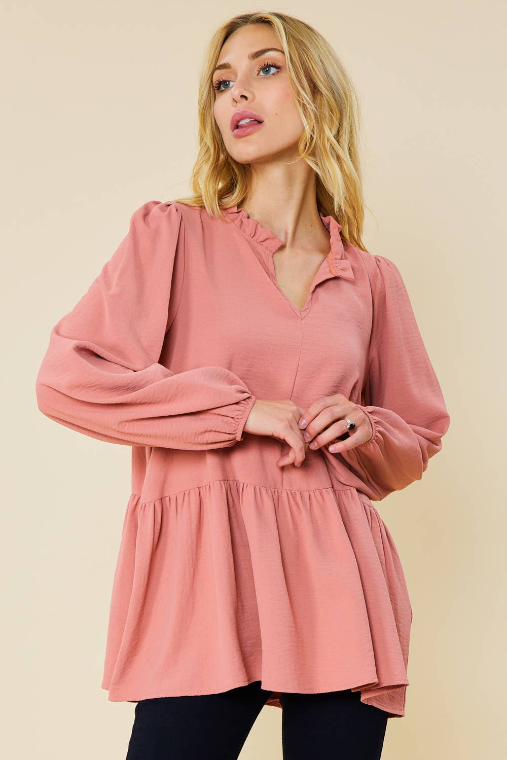 ST3073-A - SOLID LONG SLEEVE PEPLUM  TOP WITH RUFFLE COLLAR