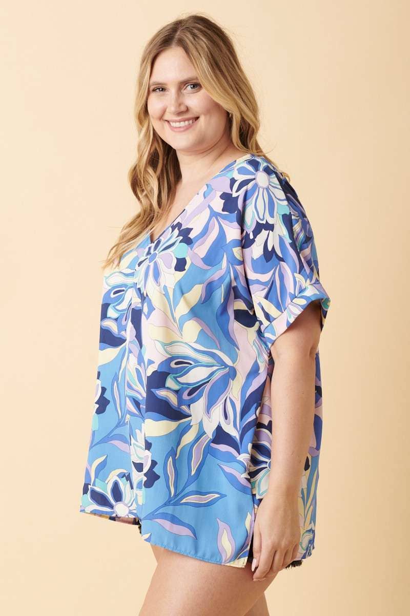 T10053PLG-PLUS LARGE FLOWER PRINT DOLMAN TOP