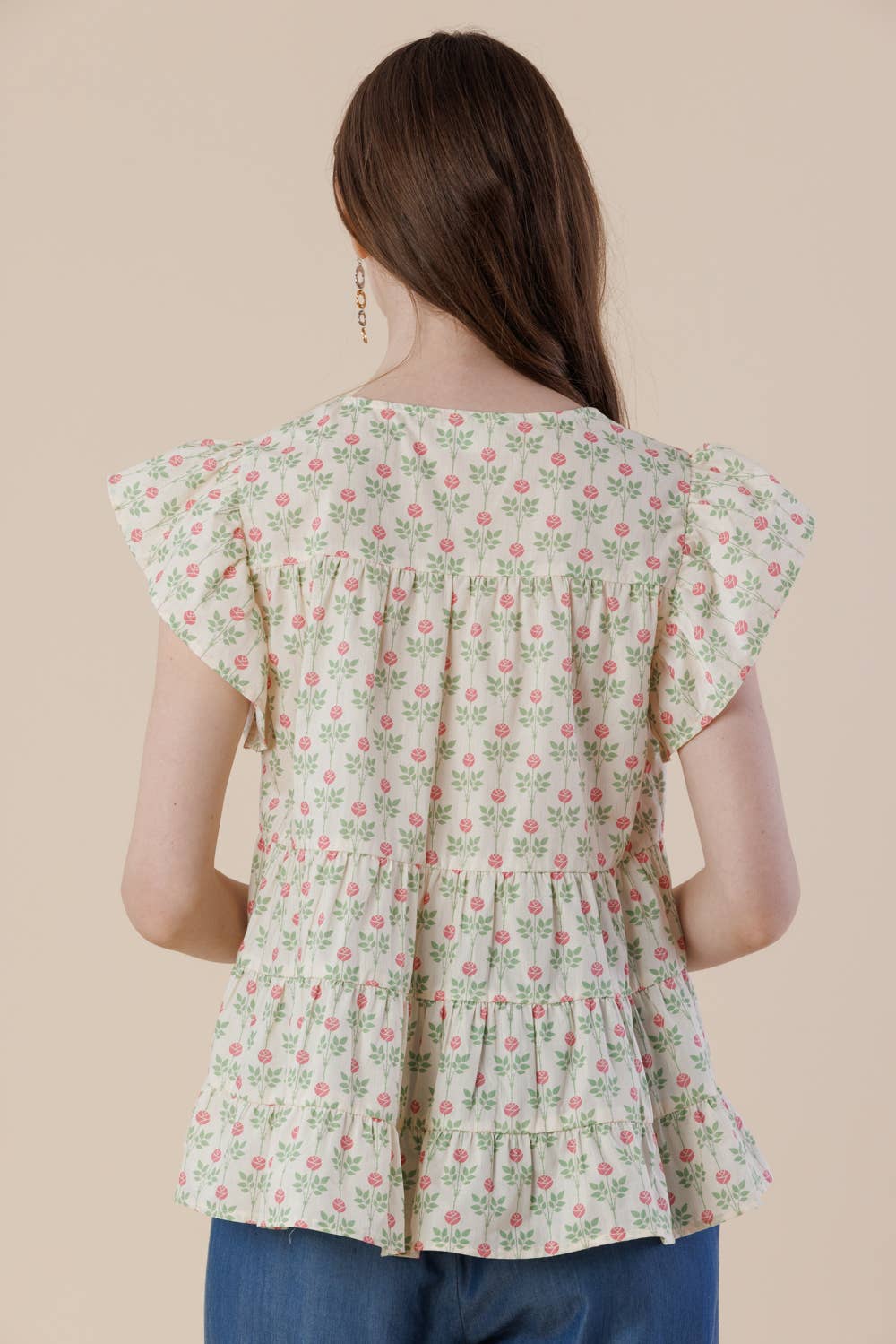 Floral Flutter Sleeve Tiered Blouse with Split Neck