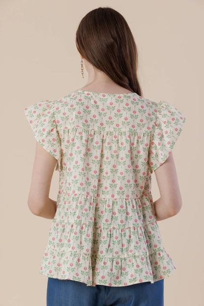 Floral Flutter Sleeve Tiered Blouse with Split Neck