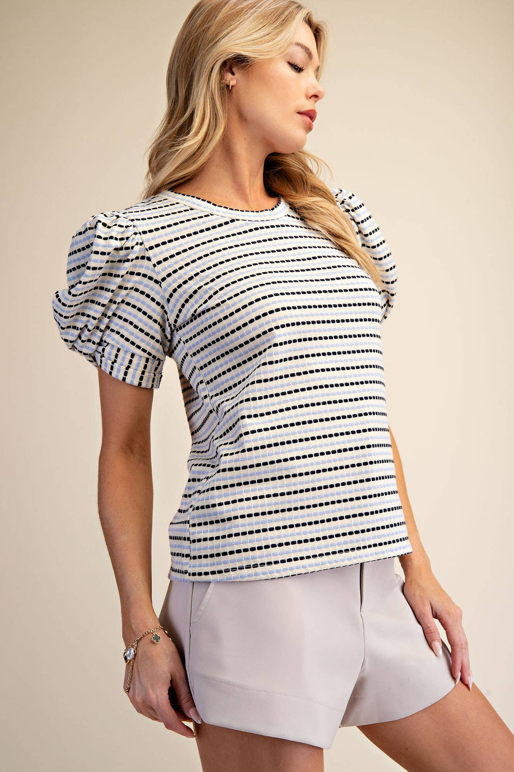 Round Neck Puff Sleeve Stripe Top