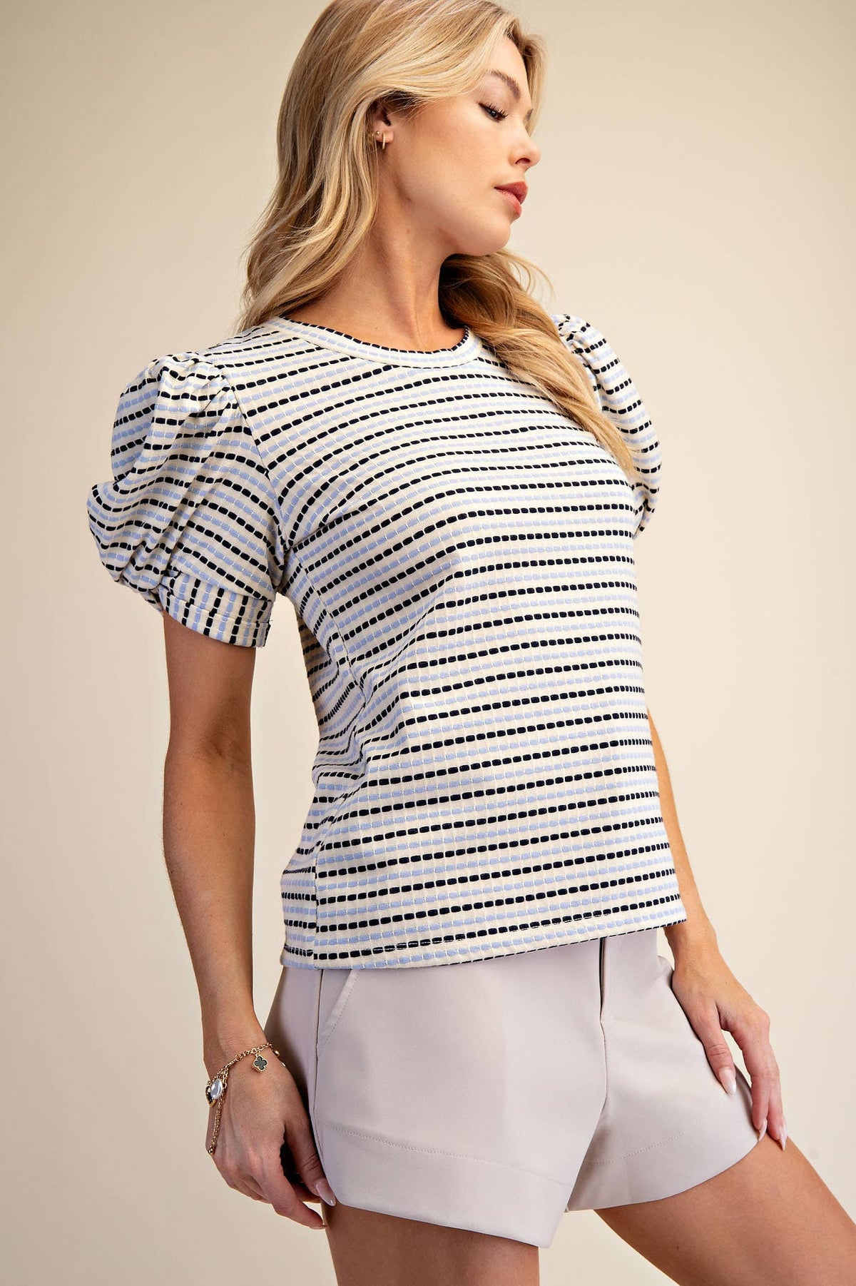 Round Neck Puff Sleeve Stripe Top