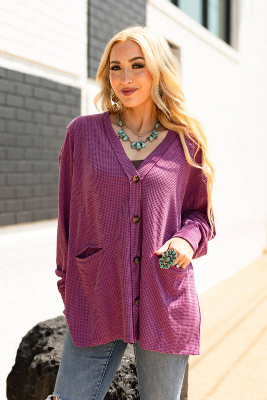 Two-Tone Charm Cardigan: Magenta / L