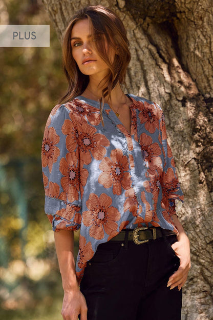 Plus Floral Printed 3/4 Sleeve Blouse