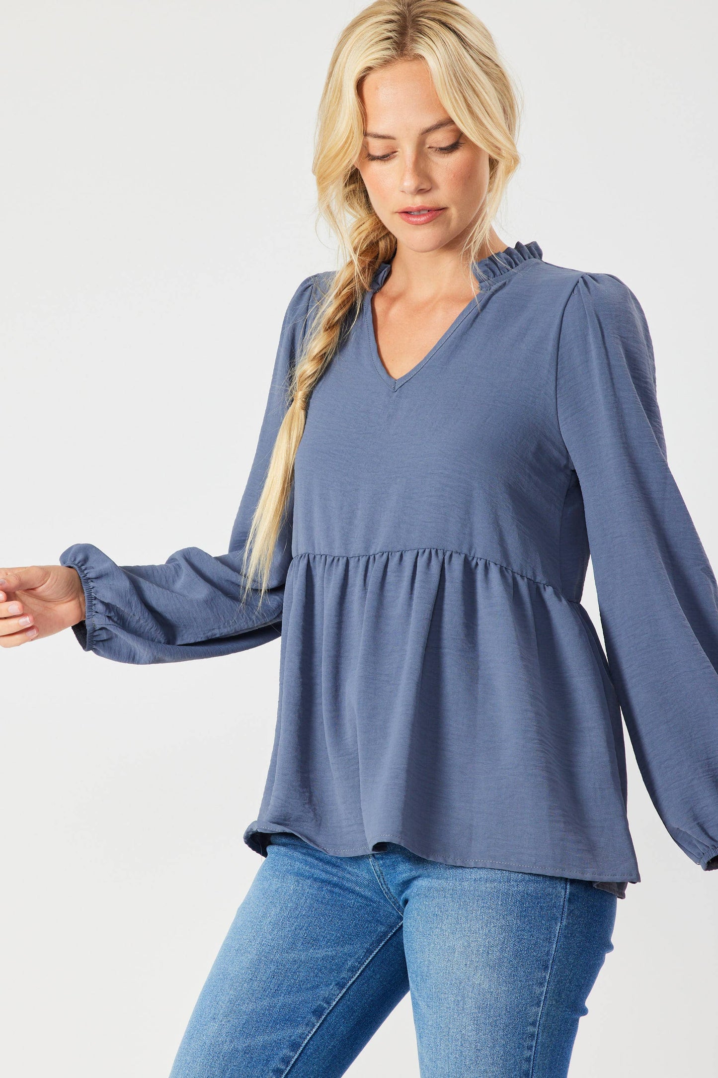 ST3073-A - SOLID LONG SLEEVE PEPLUM  TOP WITH RUFFLE COLLAR