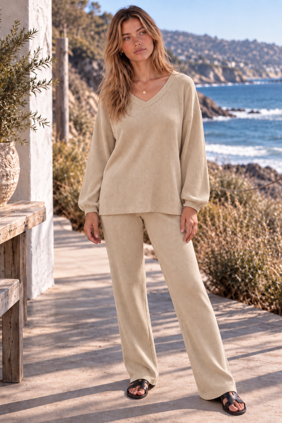 2-Piece V-Neck Long Sleeve Top + Relaxed Pants
