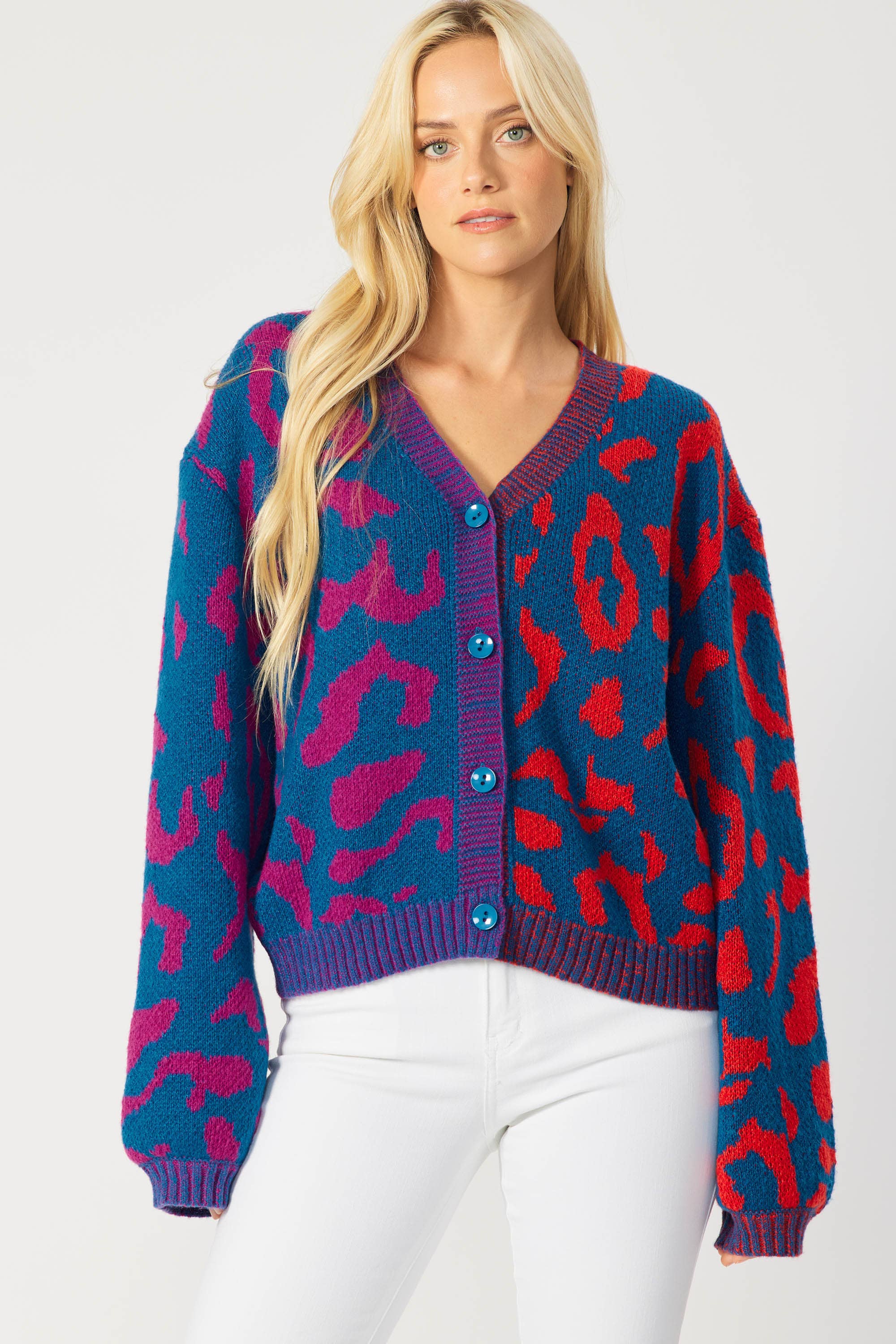 IJ1101 - LEOPARD COLOR BLOCK BUTTON DOWN SWEATER CARDIGAN