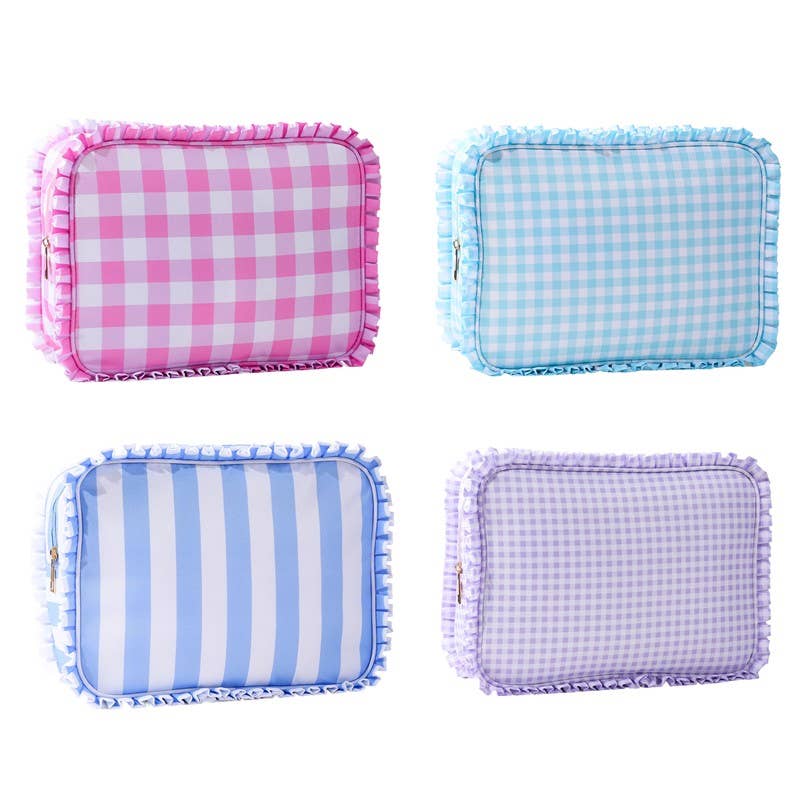 RUFFLE CHECKER STRIPE COSMETIC TRAVEL POUCH BAG | 40P608