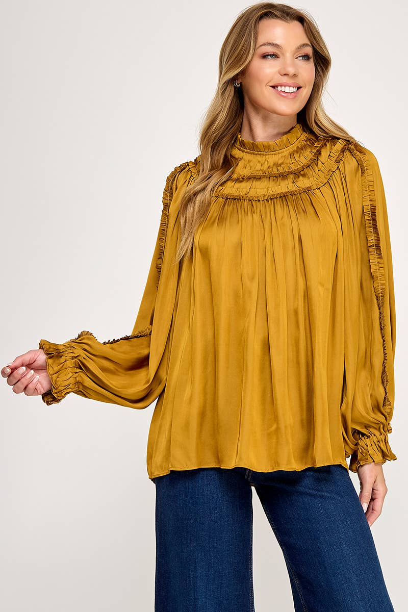 IT3477 - RUFFLED LONG SLEEVES SATIN TOP